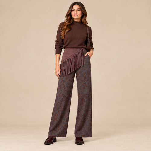 Pantalone Texas palazzo fantasia marrone e blu con gonna a frange removibile, vista frontale