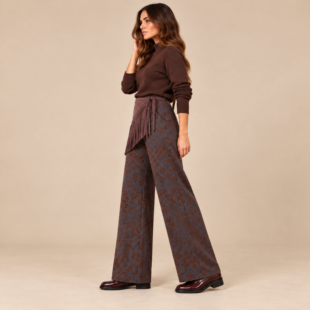 Pantalone Texas palazzo a vita alta con frange, vista laterale