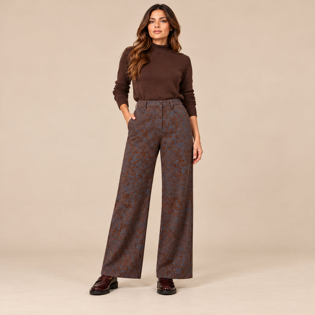 Pantalone Texas palazzo fantasia marrone e blu senza frange, vista frontale