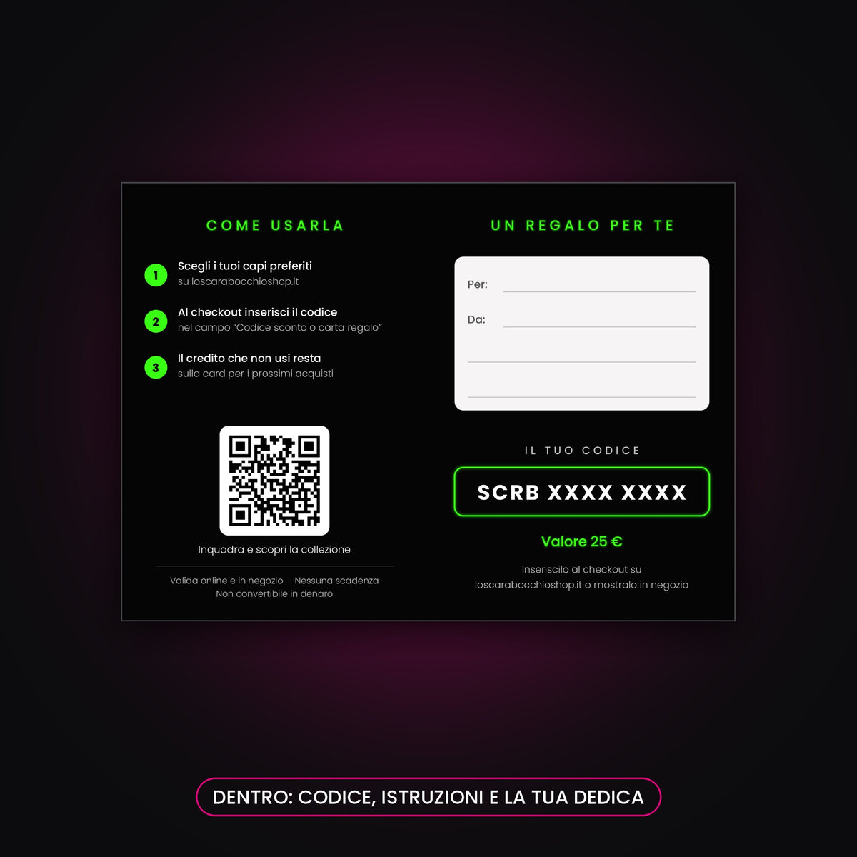 Interno della Gift Card stampata: istruzioni, QR, spazio per la dedica e codice personale
